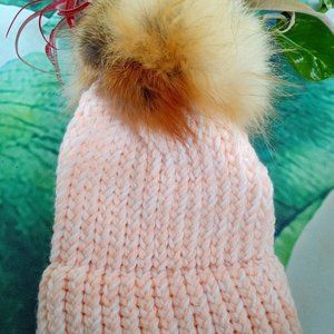 REAL FOX FUR Puff Beanie for Infants/Toddlers (Baby Pink/White)